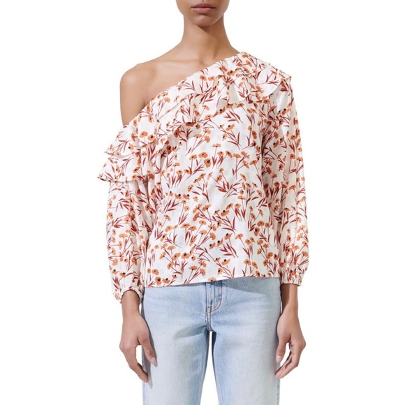 Maje | NWT Laurane Floral Cotton Blend One Shoulder Blouse in Terracotta Size 10 - Picture 1 of 4